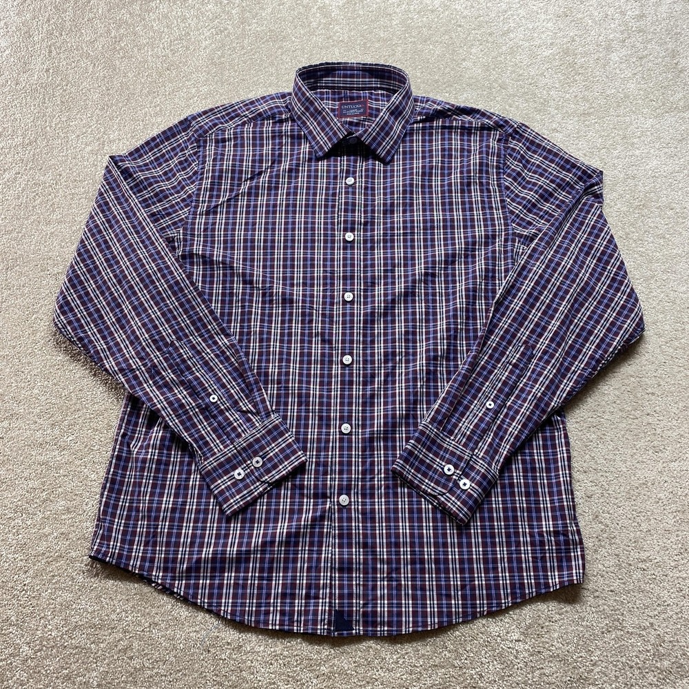 UNTUCKit Shirt Mens Large Blue Red Plaid‎ Button Down Stretch Performance Nylon